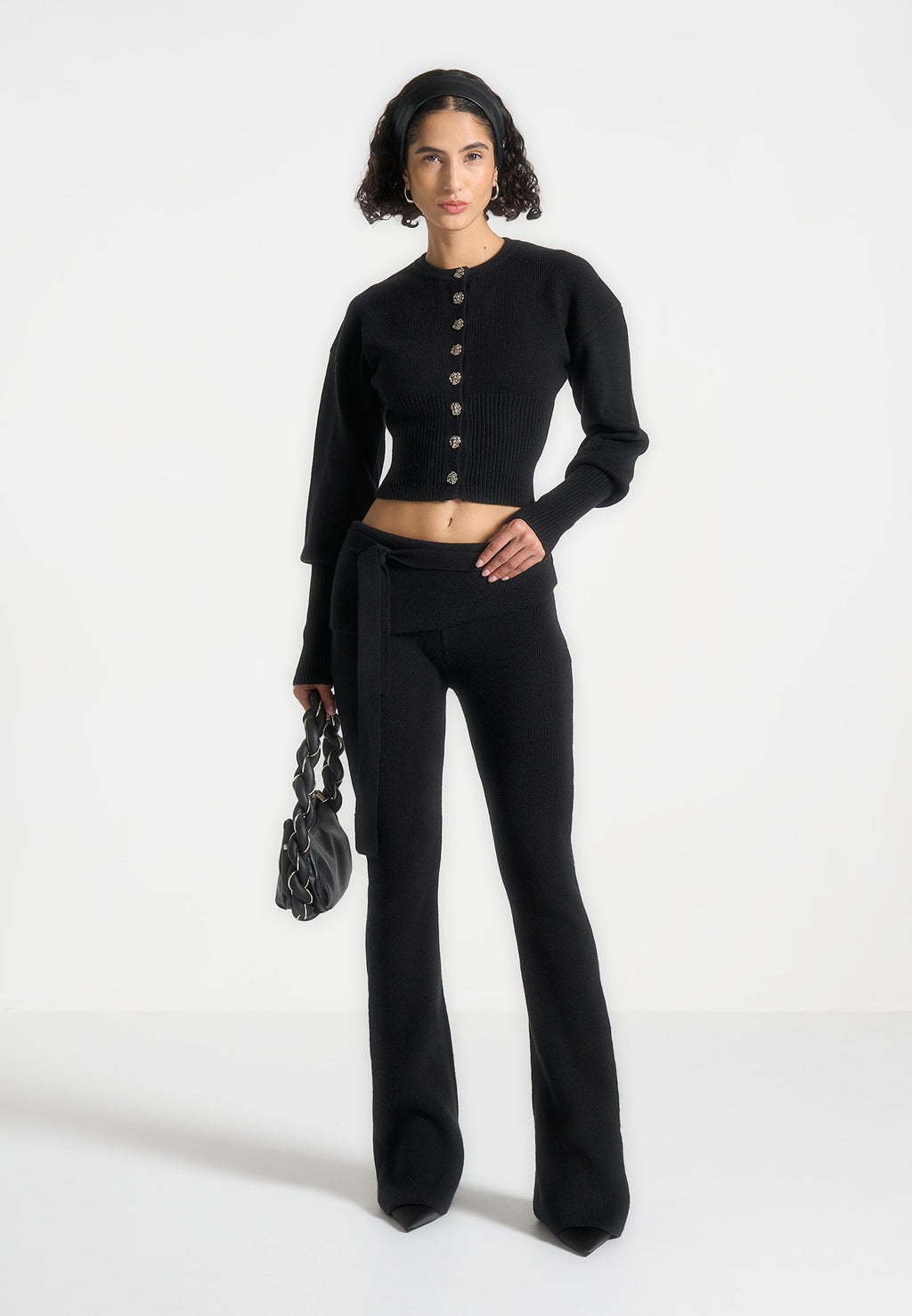 Knitted Fit & Flare Leggings with Belt - Black