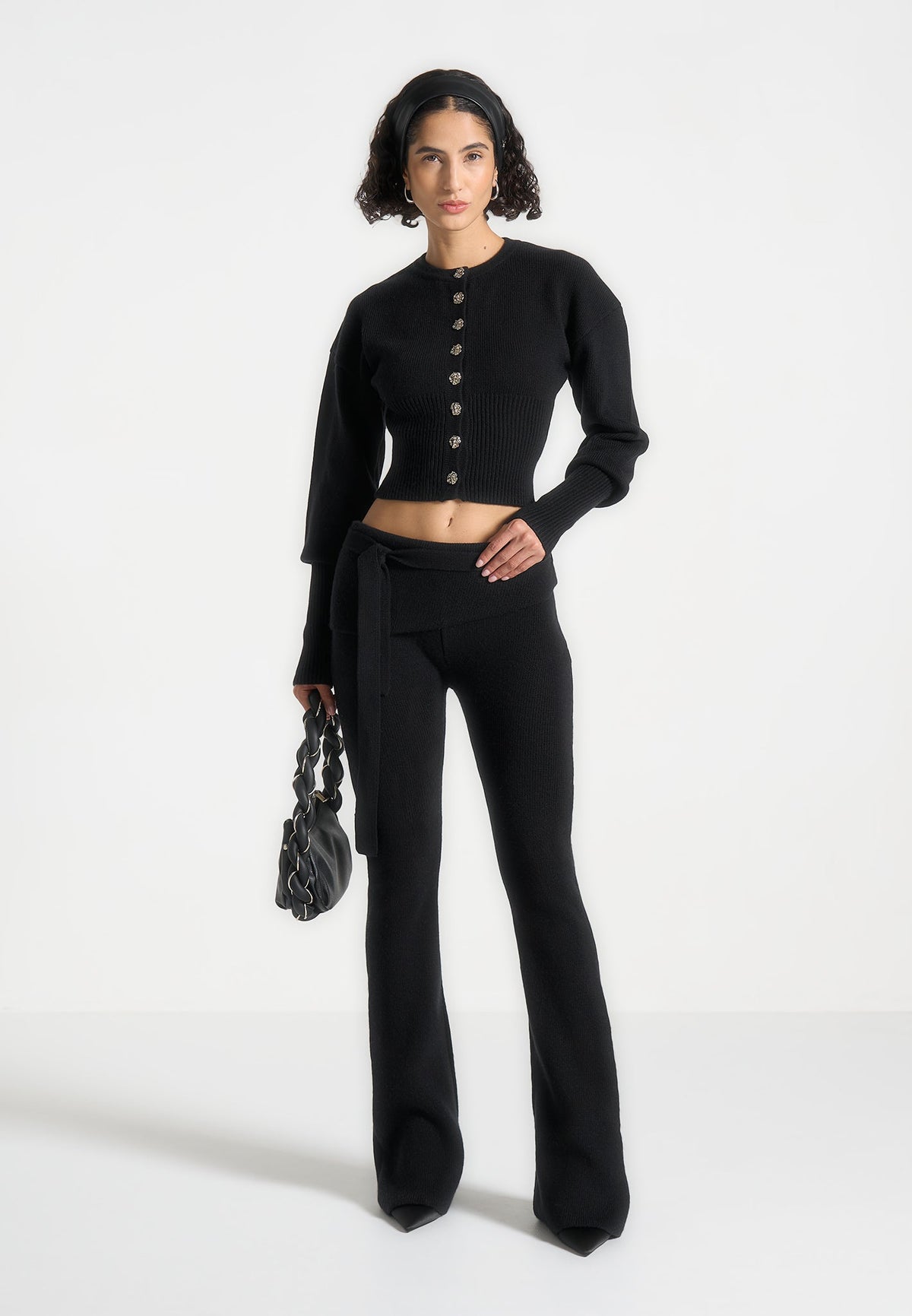 Knitted Fit & Flare Leggings with Belt - Black