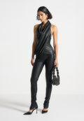 Leather Draped Halterneck Top - Black