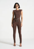Suede Buckle Detail Leggings - Brown