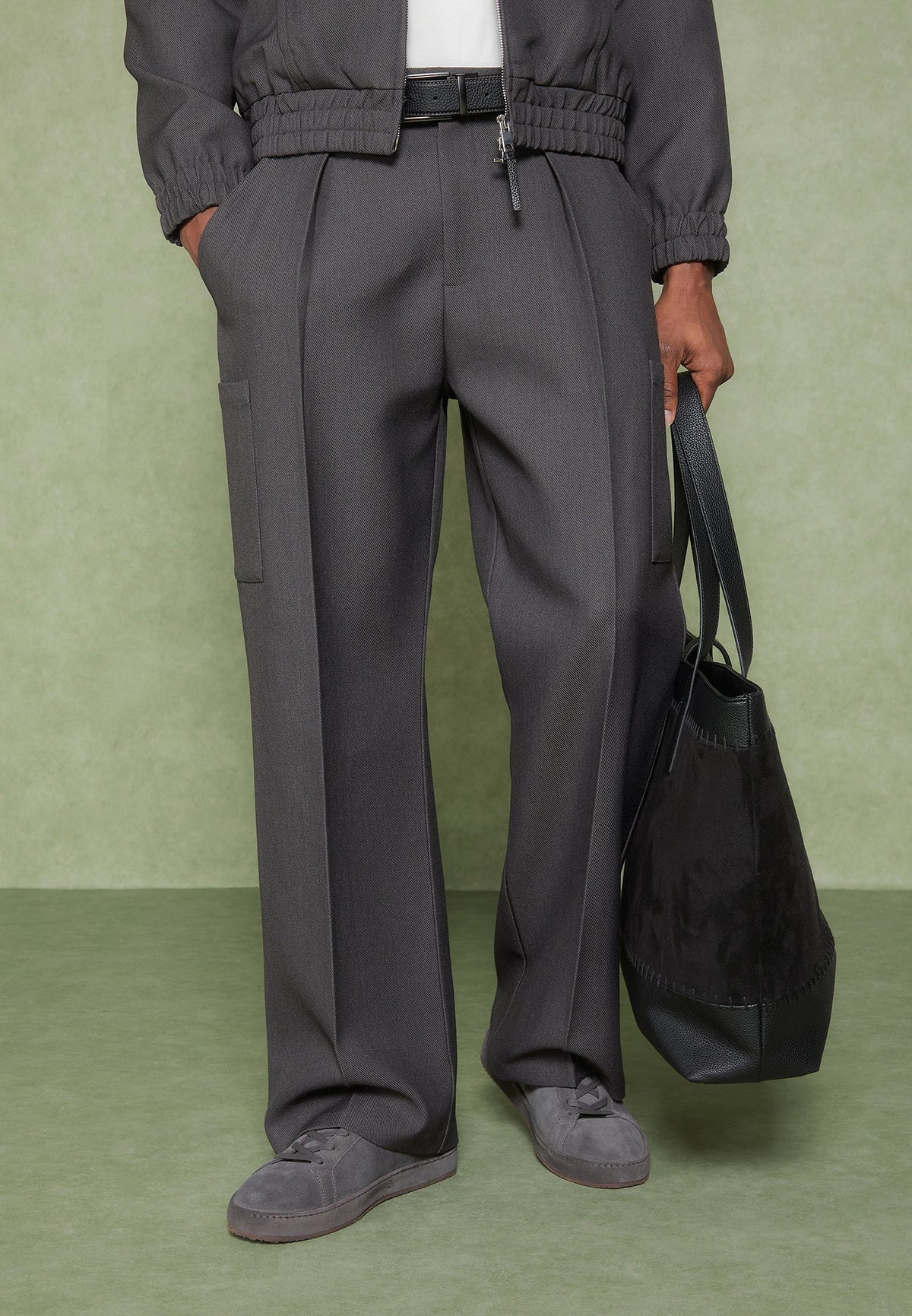Wide Leg Pleated Pocket Trousers - Grey