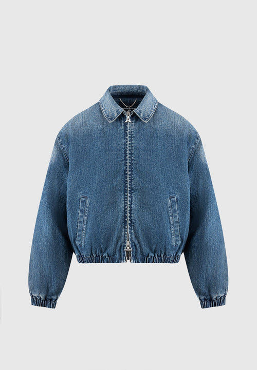 Denim Padded Cropped Bomber Jacket - Mid Blue