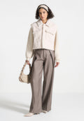Plush Jacket With Knitted Sleeves - Cream