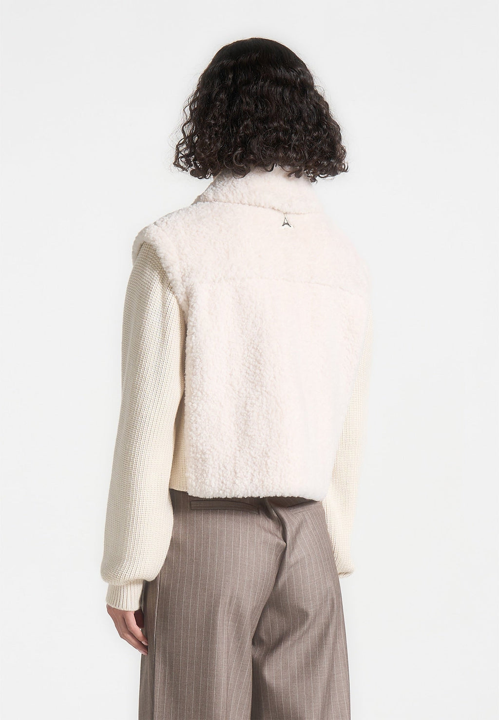 Plush Jacket With Knitted Sleeves - Cream