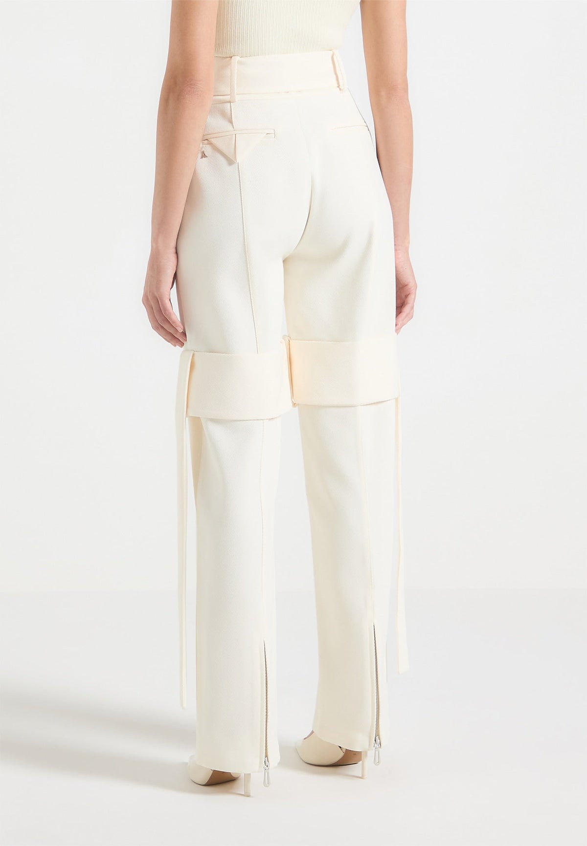 Tailored Belted Strap Detail Trousers - Cream