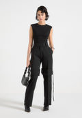 Tailored Belted Strap Detail Trousers - Black