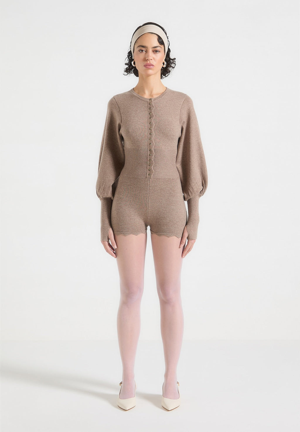 Knitted Scallop Hem Playsuit - Taupe