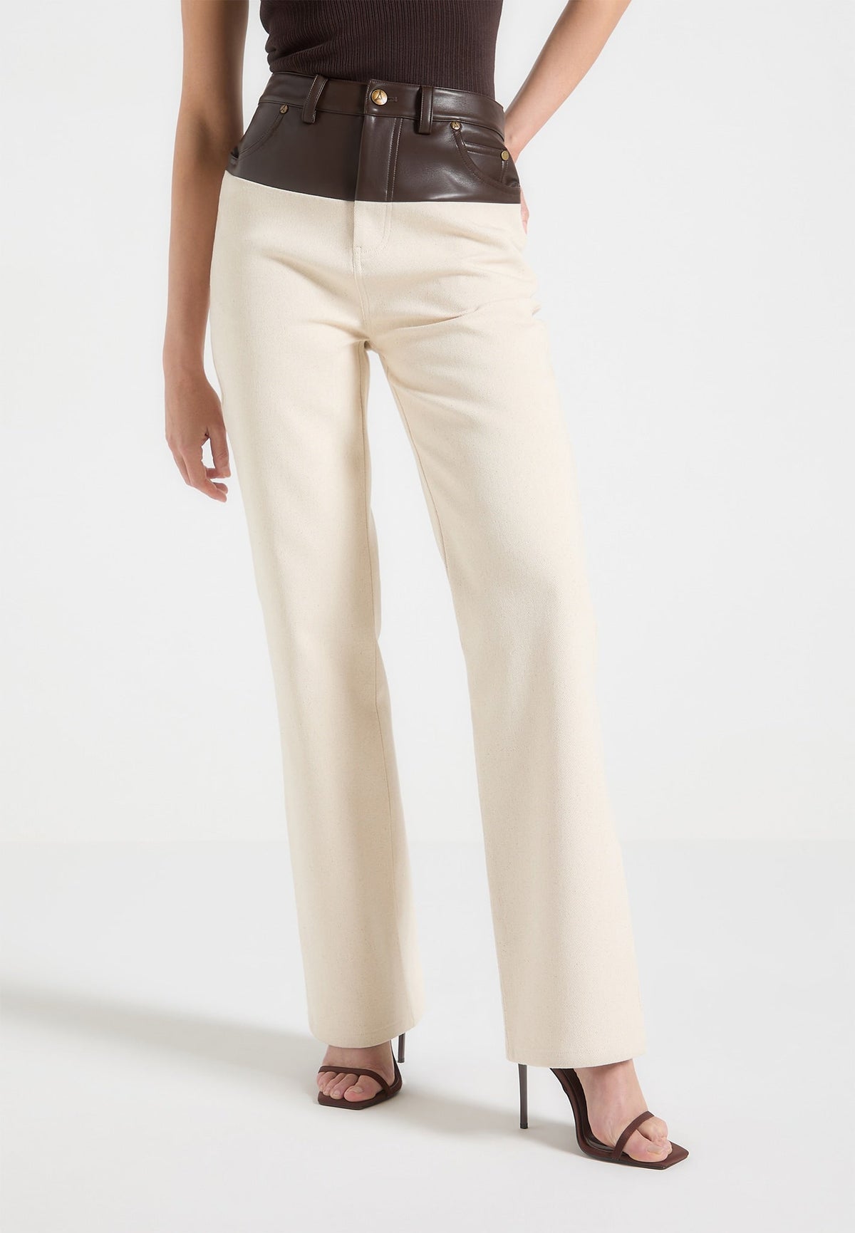 Leather & Denim Boyfriend Jeans - Cream/Brown