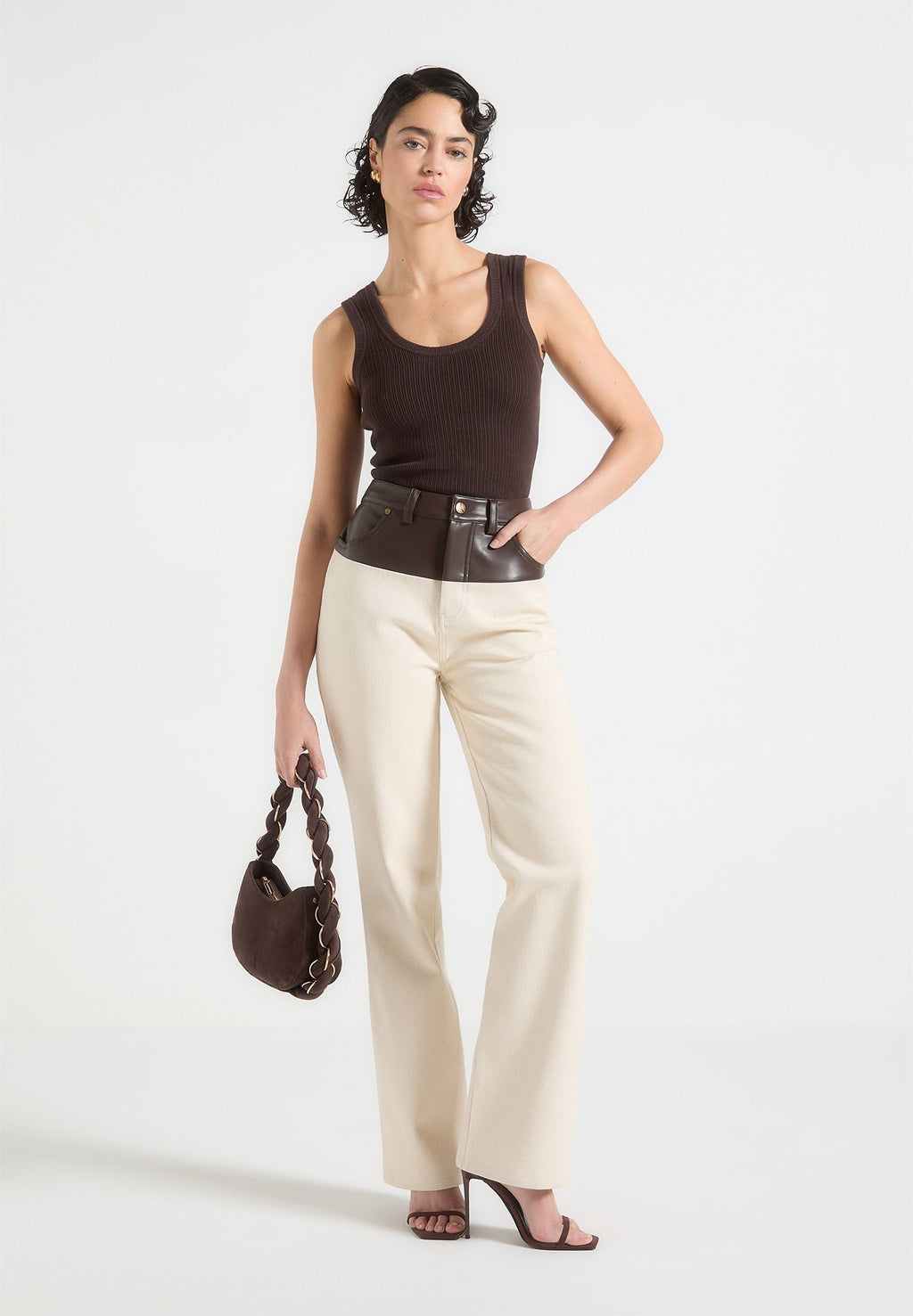 Leather & Denim Boyfriend Jeans - Cream/Brown