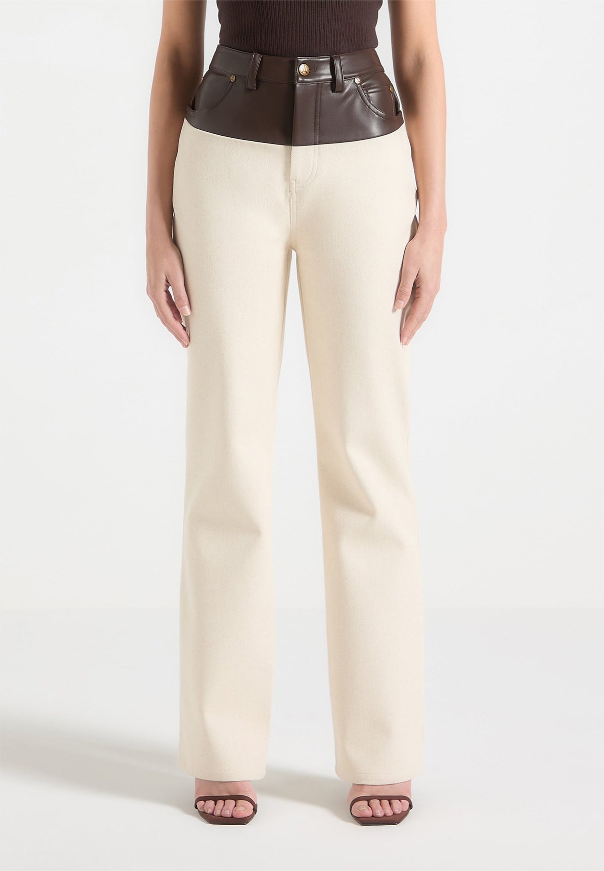 Leather & Denim Boyfriend Jeans - Cream/Brown