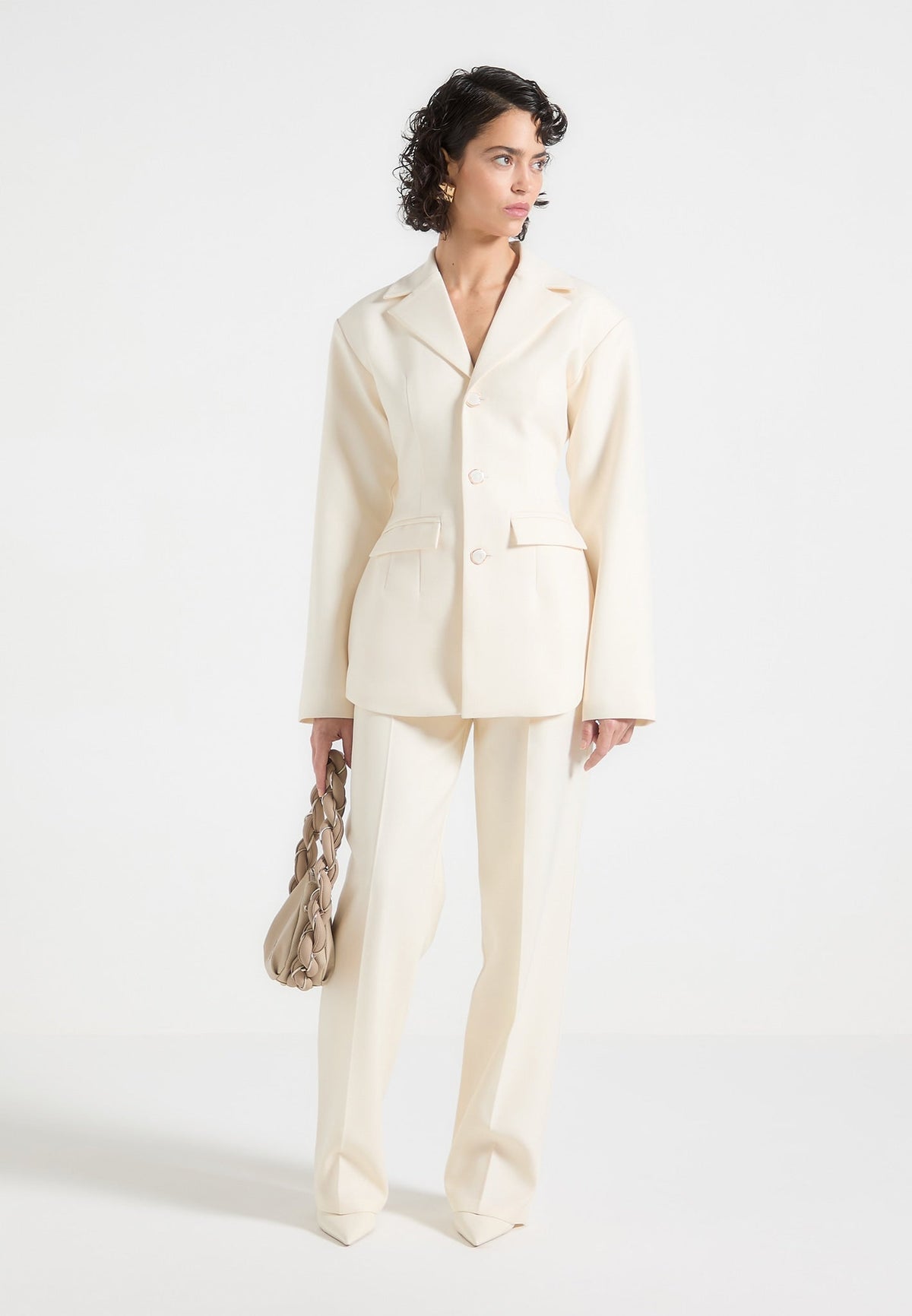 Wide Shoulder Cinch Waist Blazer - Cream