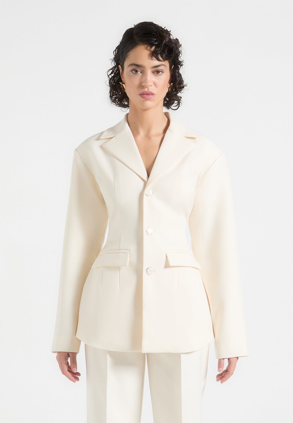 Wide Shoulder Cinch Waist Blazer - Cream