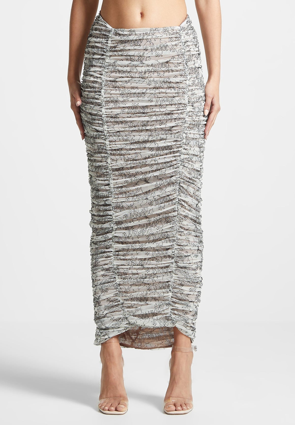 Ruched Lace Asymmetric Midaxi Skirt - Off White
