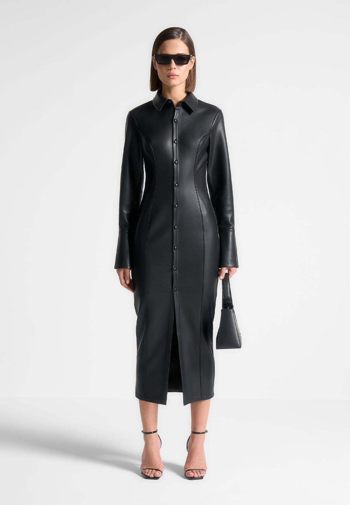 Leather Midaxi Shirt Dress - Black