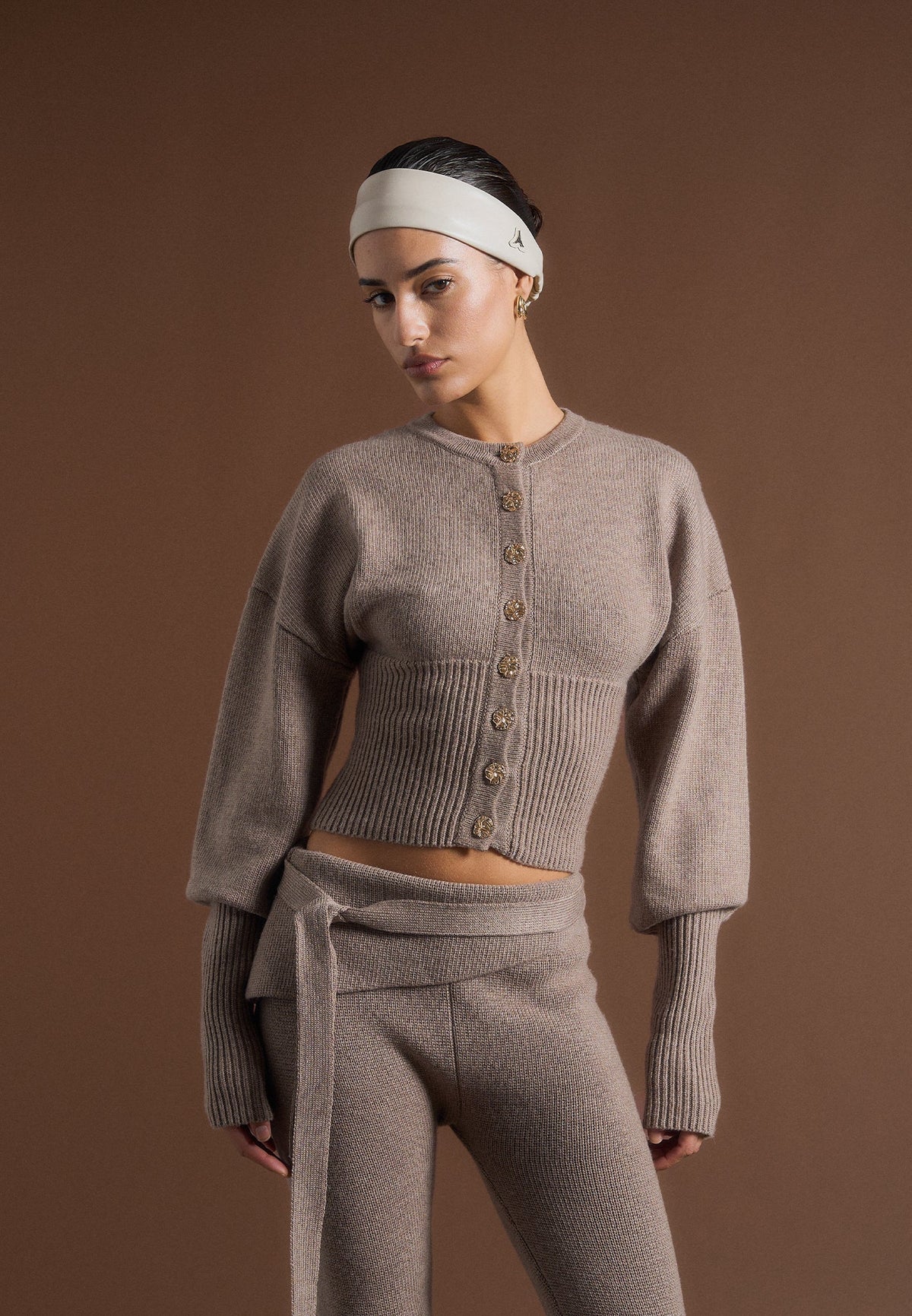 Knitted Cinch Waist Cardigan - Taupe