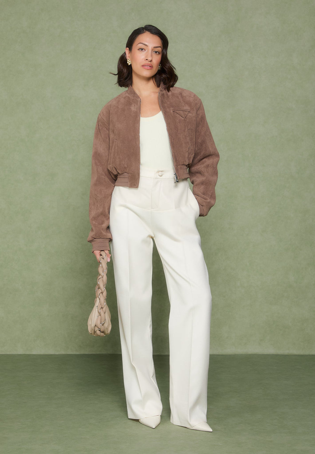 Suede Wide Shoulder Bomber Jacket - Taupe