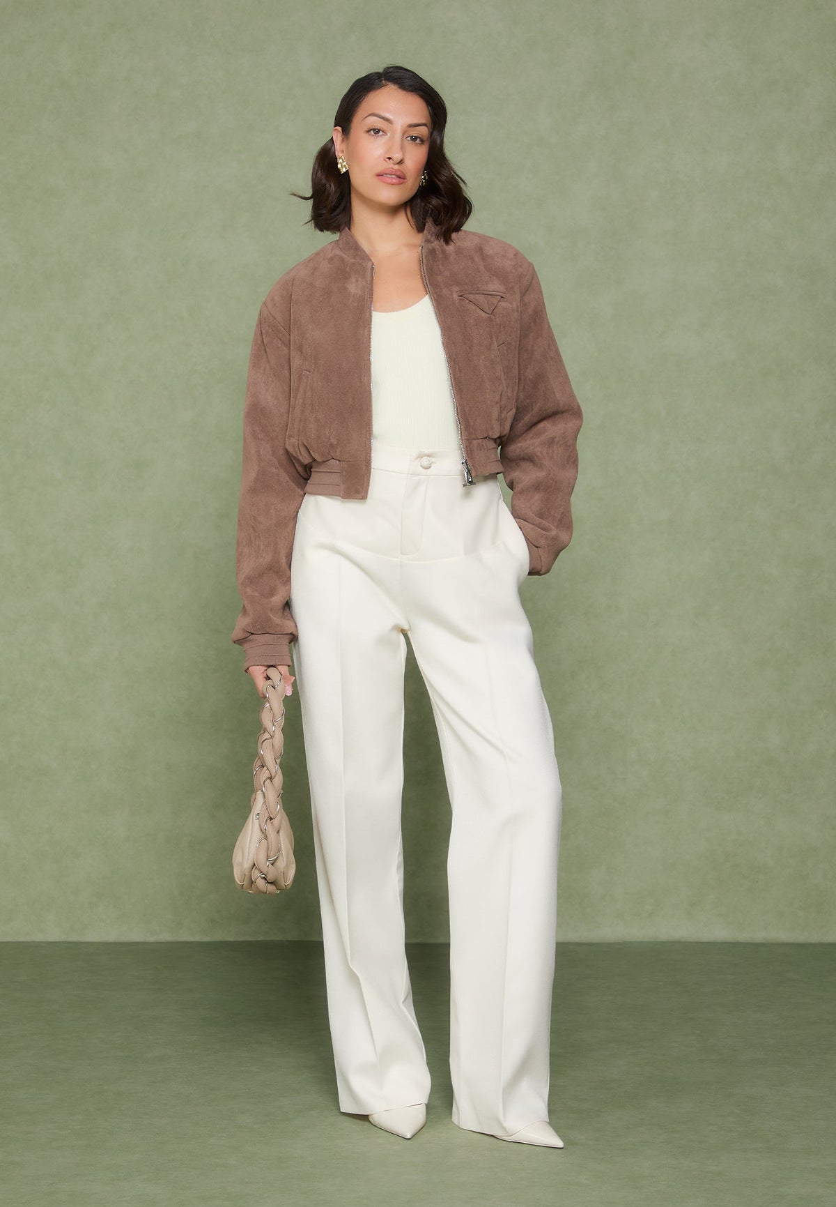 Suede Wide Shoulder Bomber Jacket - Taupe