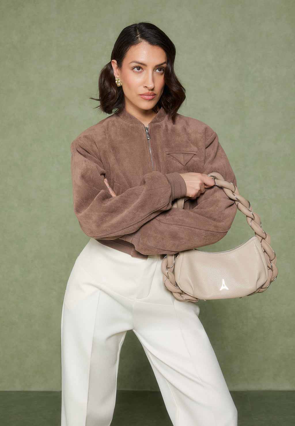 Suede Wide Shoulder Bomber Jacket - Taupe
