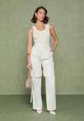 Tailored Belted Strap Detail Trousers - Cream