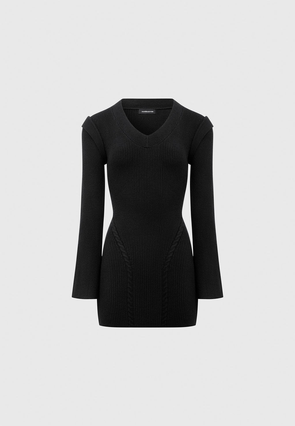 Wide Shoulder Knitted Contour Mini Dress - Black