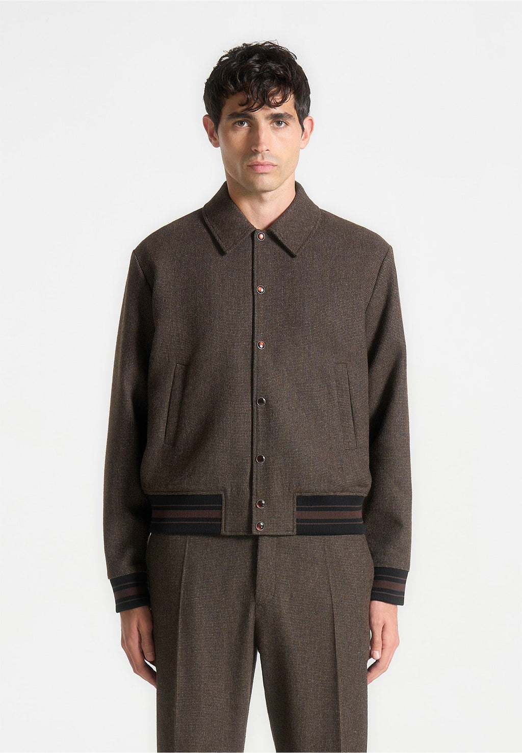 Houndstooth Wool-Blend Jacket - Brown