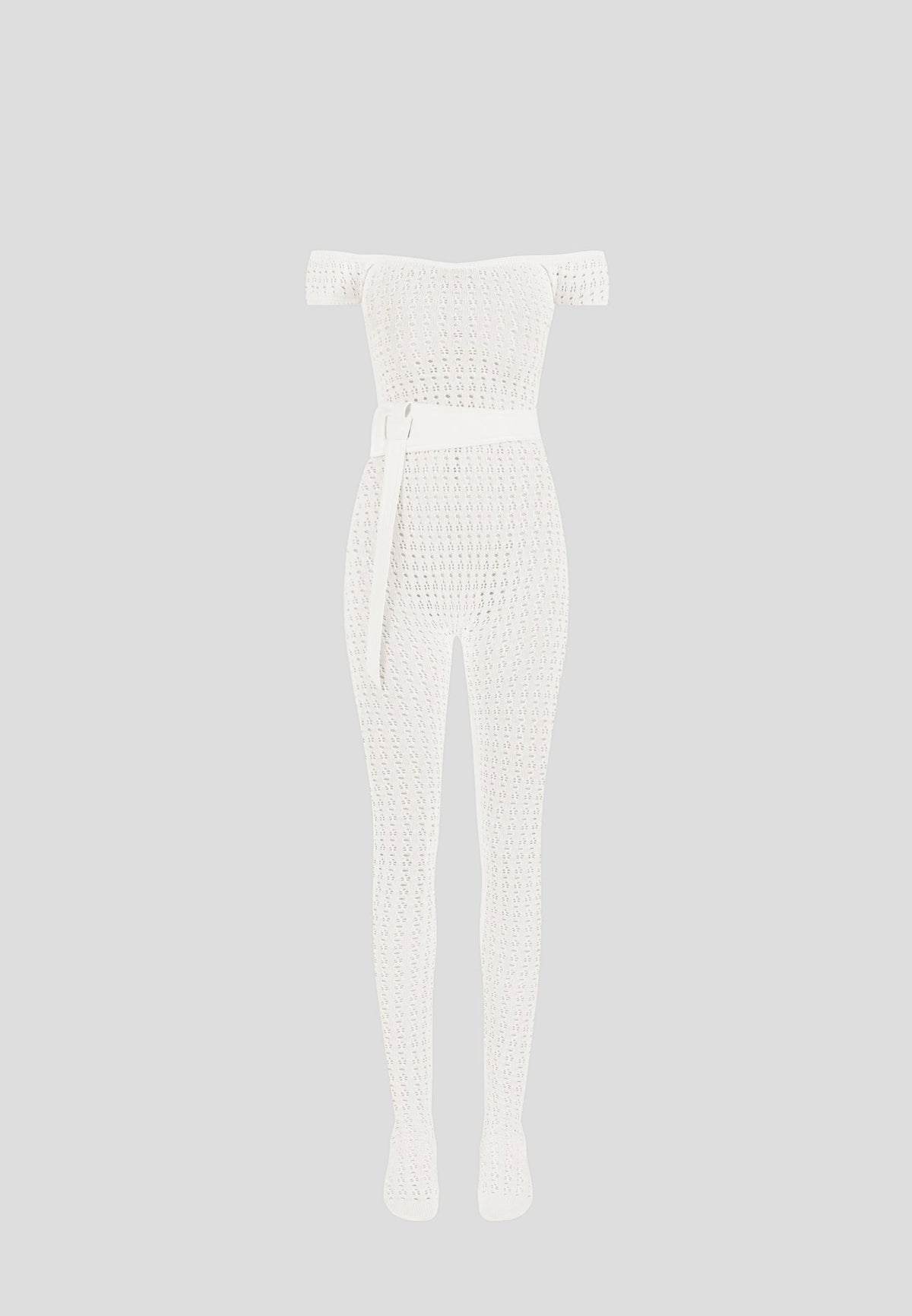 Pointelle Knit Bardot Jumpsuit with Belt - Cream