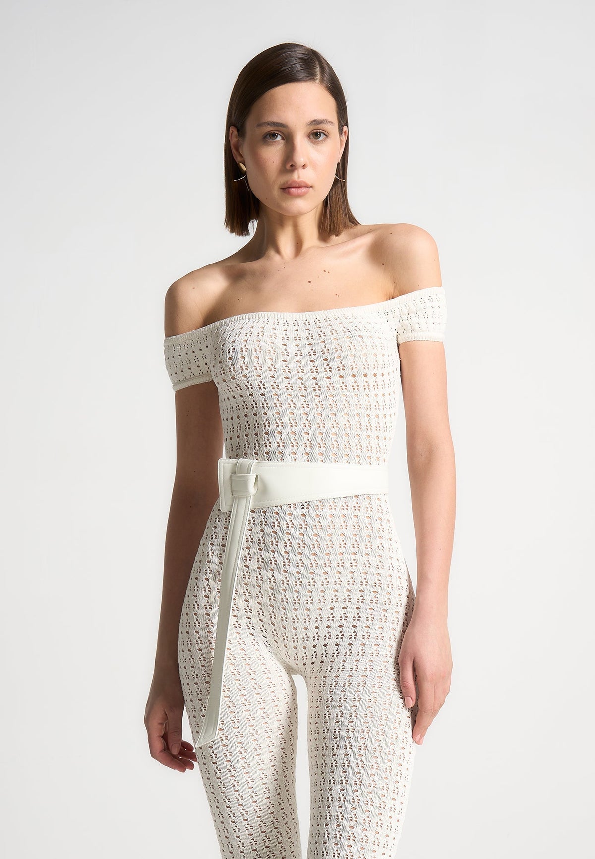 Pointelle Knit Bardot Jumpsuit with Belt - Cream