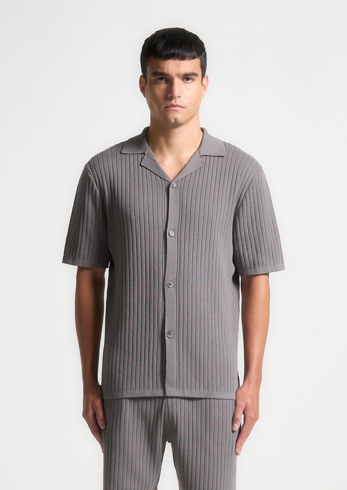 Ribbed Knit Revere Shirt - Grey