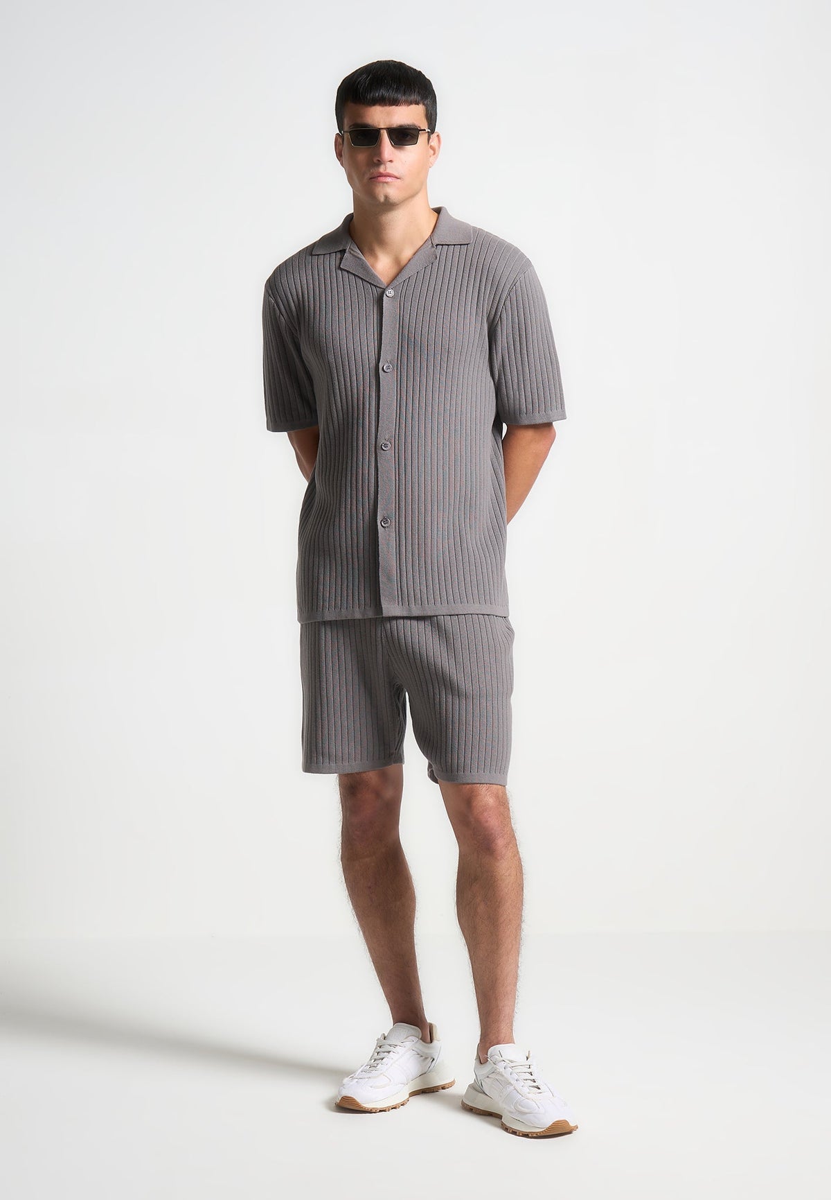 Ribbed Knit Revere Shirt - Grey