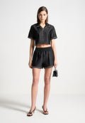 Satin Cropped Shirt with Piping - Black