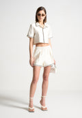 Satin Cropped Shirt with Piping - Cream