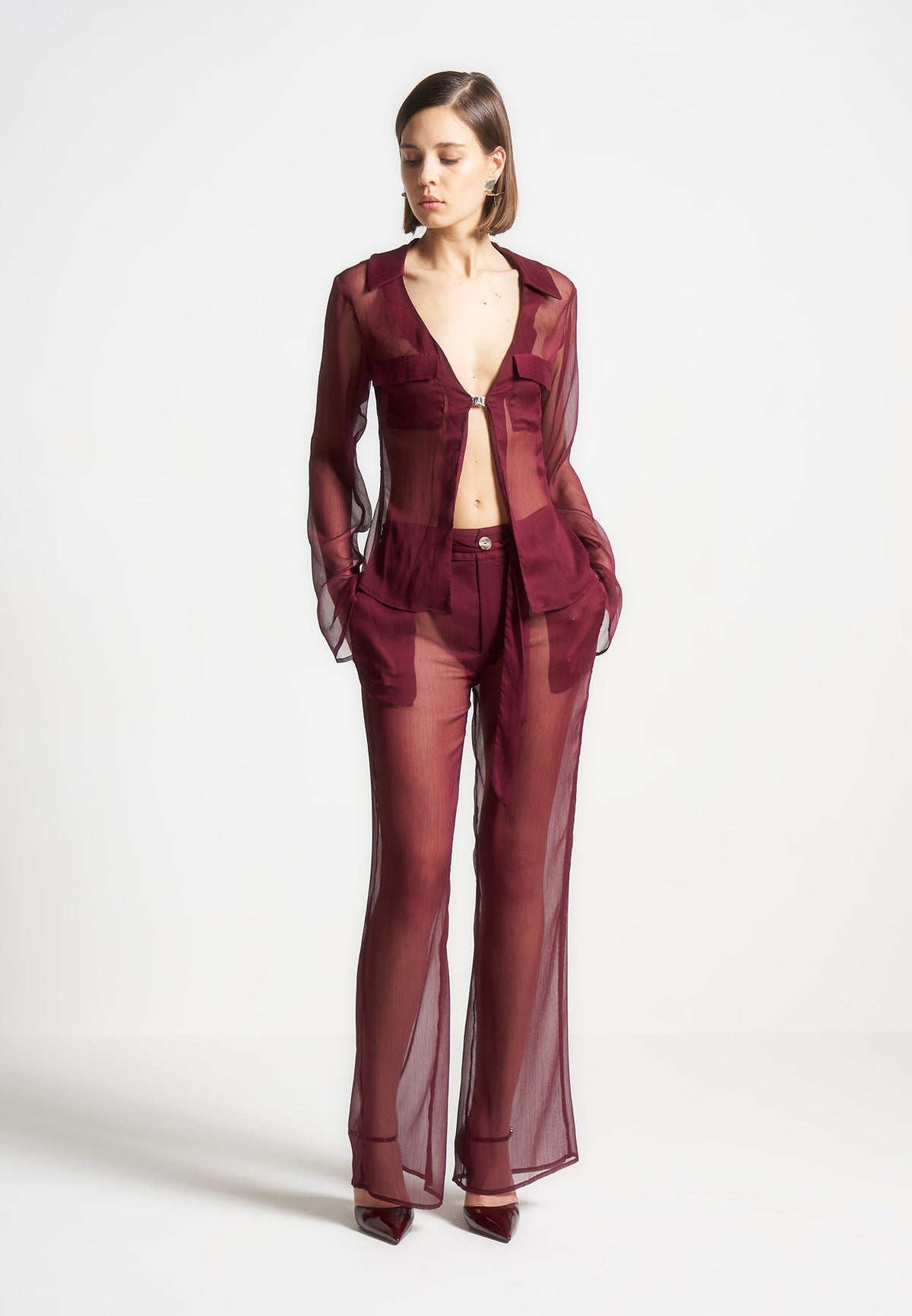 Sheer Belted Trousers - Wine Red