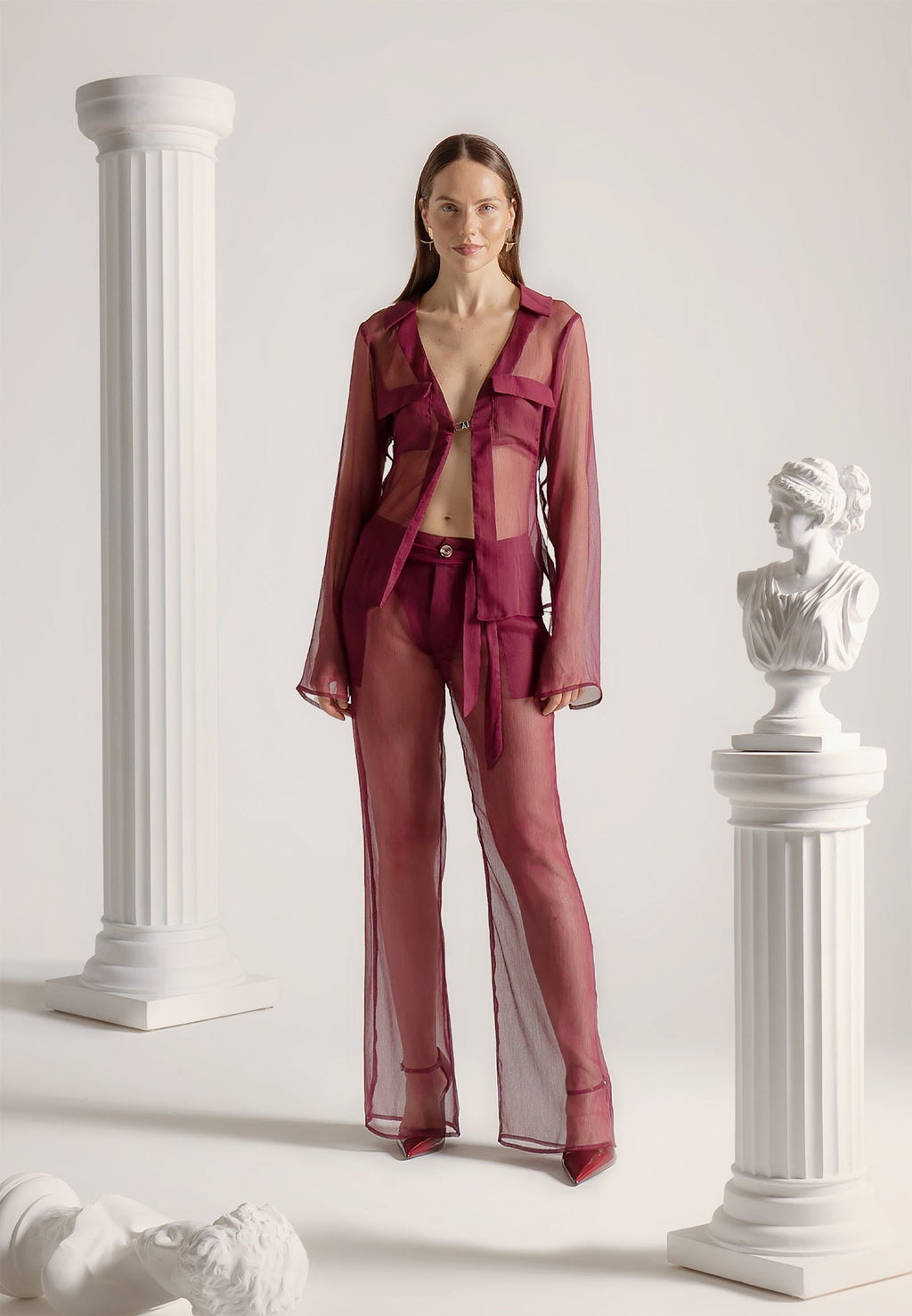 Sheer Shirt with Clasp - Wine Red