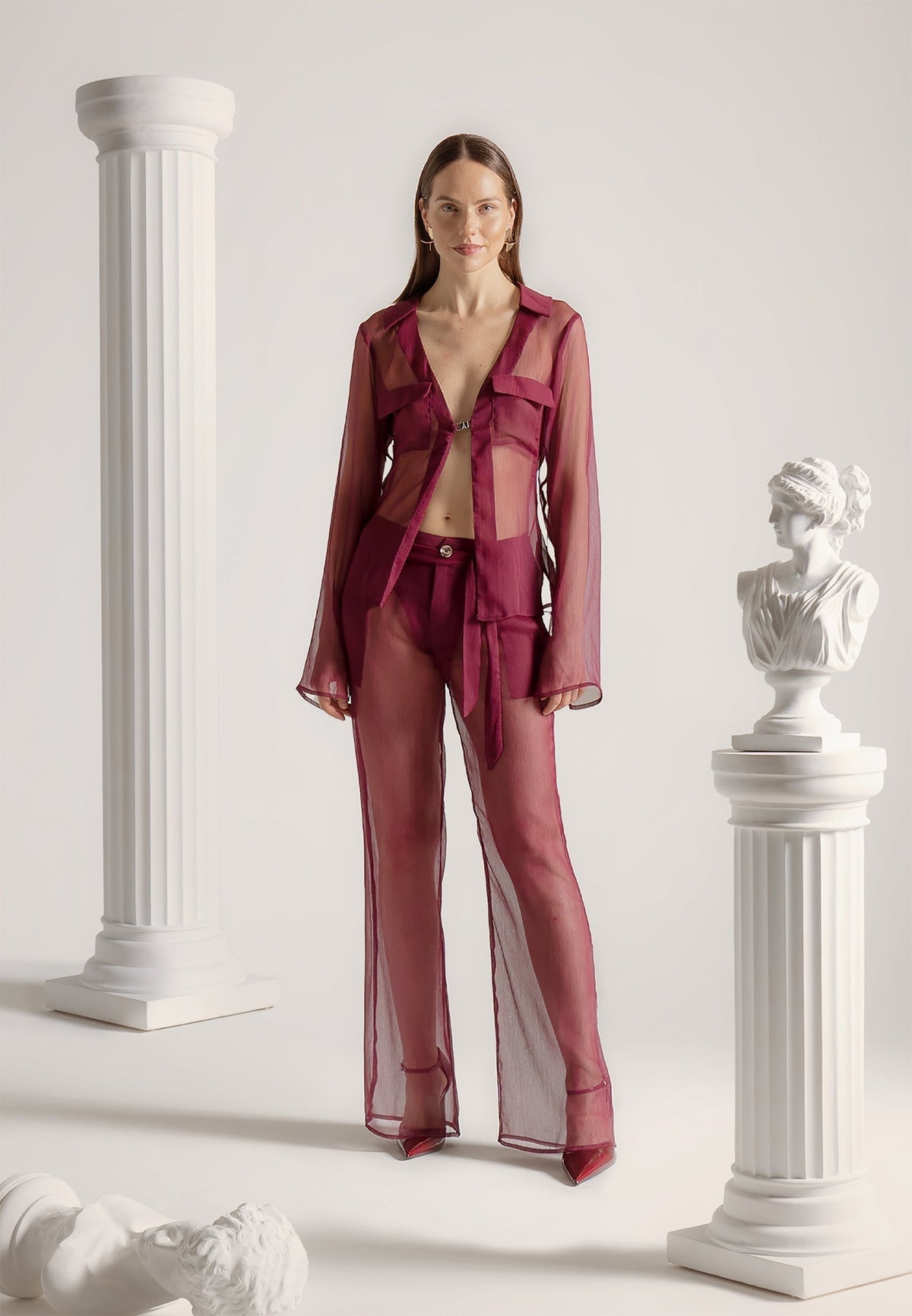 Sheer Shirt with Clasp - Wine Red