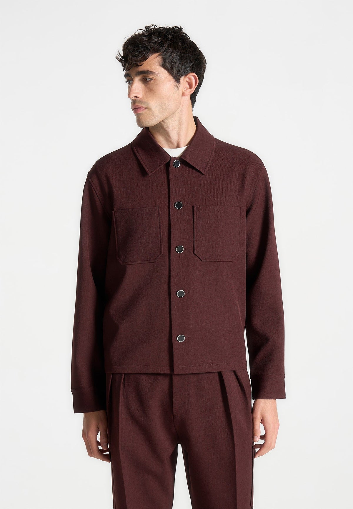 Twill Pocket Cropped Shirt - Wine Red