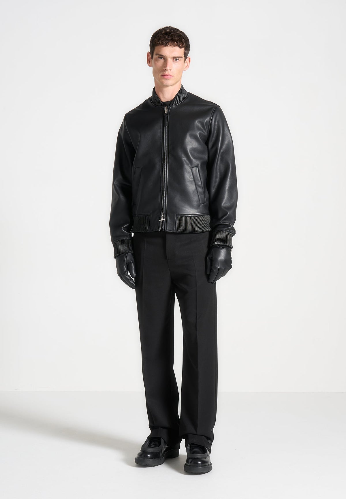 Leather and Ribbed Knit Gloves - Black