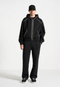Whipstitch Raglan Effect Zip Hoodie - Black
